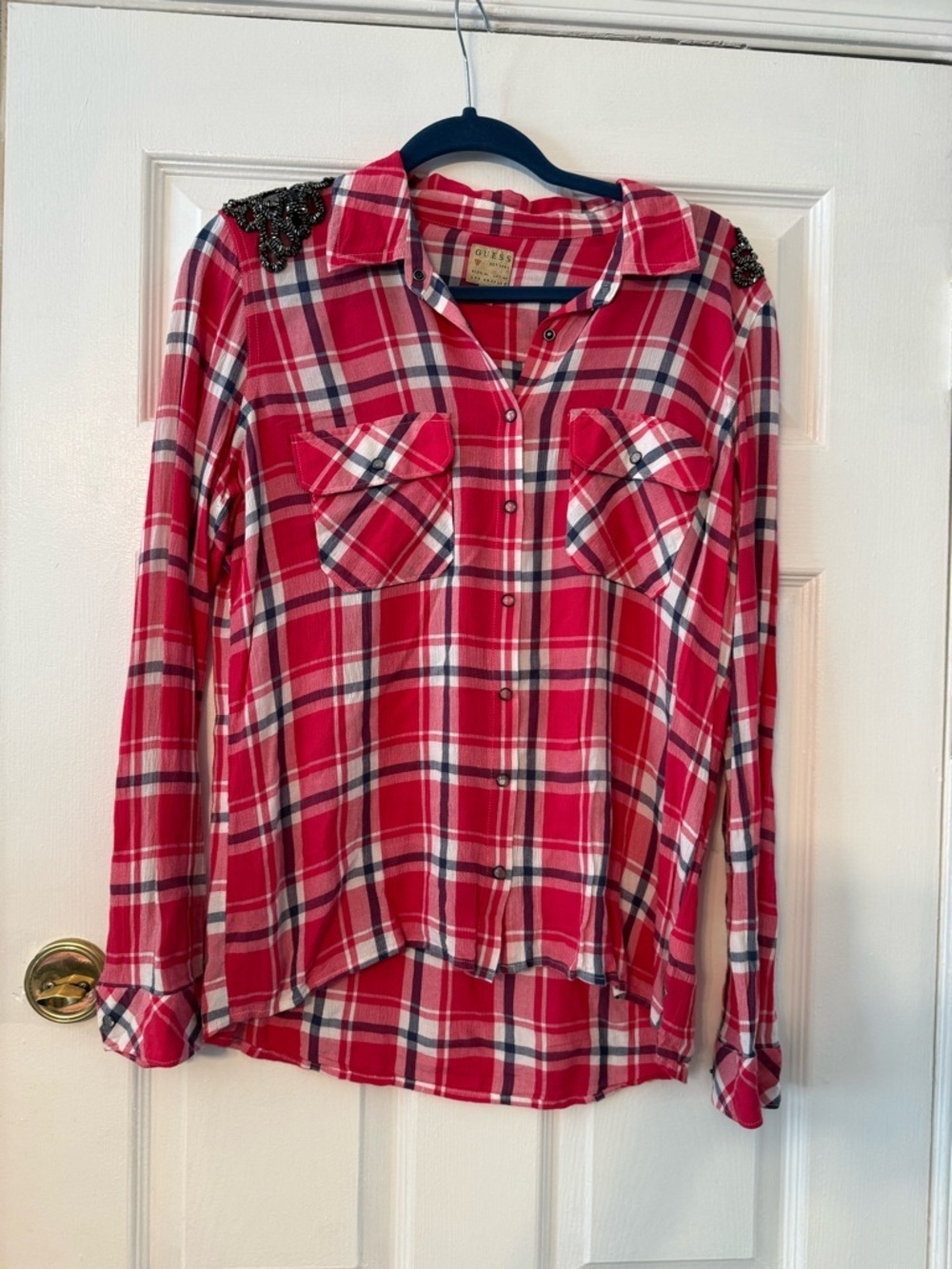 Guess Pink Plaid Button-Down Shirt with Beaded Shoulders